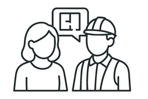 Eine ikonografische Darstellung für die beratung und den Materialhandel. Es sind von links nach rechts zwei Personenoberkörper im Dialog mit einer Sprechblase mit Grundriss enthalten dargestellt. Im Gespräch sind eine Frau und ein Mann in Handwerkerkleidung. Die Ikonografie ist in Strichform dargestellt.