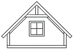 Eine ikonografische Darstellung für den Ausbau von Dachgeschossen. Es wird eine seitliche Darstellung eines Hausdachs mit Fenster in Strichform dargestellt.