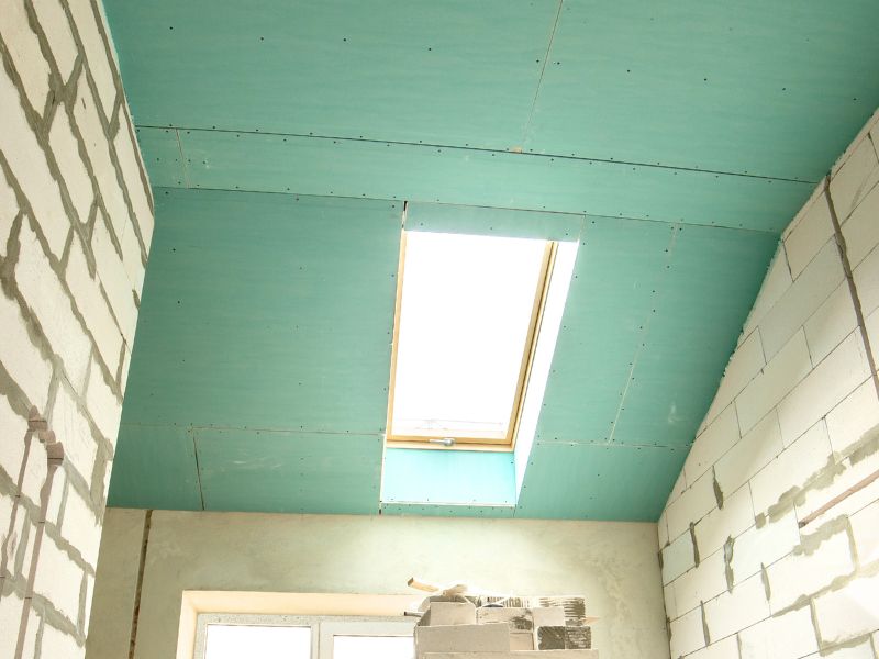 Dachgeschossausbau mit verkleideten Dachschrägen aus Gipsplatten.