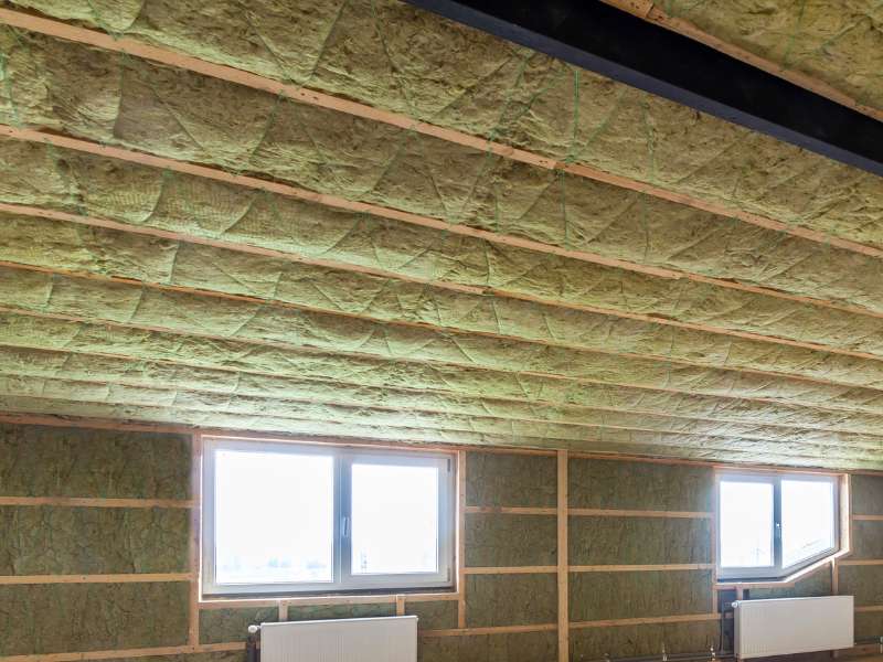 Decke mit Wärmeschutz und Dämmung auf Baustelle installiert.