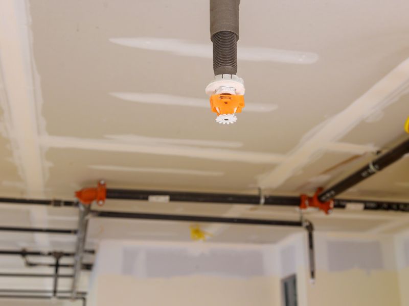 Trennwände in Trockenräumen mit erhöhtem Schutzbedarf, Sprinkleranlage im Vordergrund.